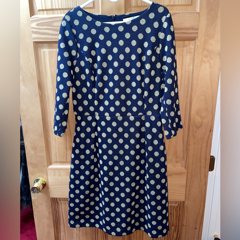 Boden Navy/Gold dot dress, 3/4 sleeves, size 12
